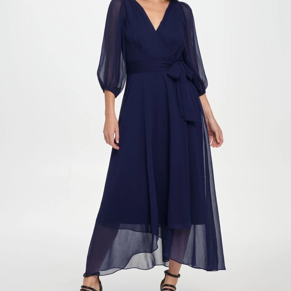 Dkny Deep Navy Wrap Midi Dress with Sheer Sleeves